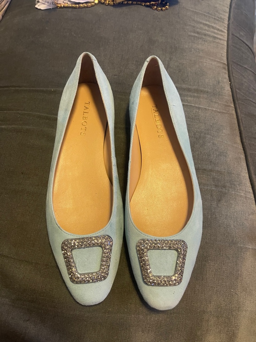 Talbots Pale Blue Suede Pointed Toe Flats with Crystal Buckle
